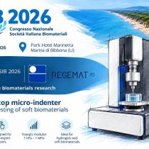 SIB 2026 National Congress in Marina di Bibbona with Schaefer SEE and REGEMAT 3D, presenting a new benchtop micro-indenter for mechanical testing of soft biomaterials.