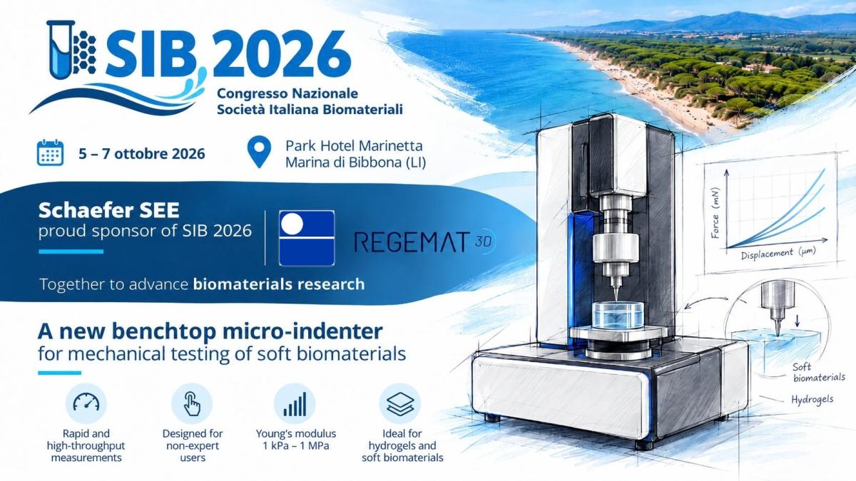 SIB 2026 National Congress in Marina di Bibbona with Schaefer SEE and REGEMAT 3D, presenting a new benchtop micro-indenter for mechanical testing of soft biomaterials.
