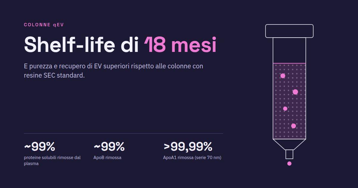 Colonne qEV: shelf-life di 18 mesi, con rimozione dal plasma di circa il 99% delle proteine solubili e dell'ApoB, e oltre il 99,99% di ApoA1 rimossa con la serie 70 nm