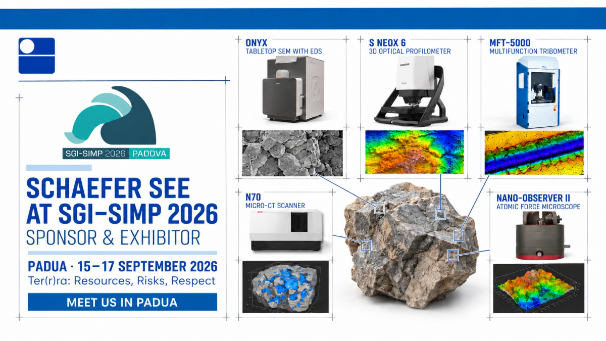 Schaefer SEE at SGI-SIMP 2026 in Padua with ONYX tabletop SEM, S neox 6 optical profilometer, MFT-5000 tribometer, N70 micro-CT scanner and Nano-Observer II AFM.