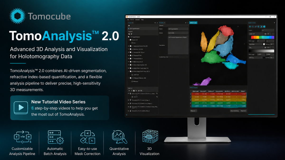 Tomocube TomoAnalysis 2.0 interface for AI-driven segmentation, quantitative 3D analysis, and holotomography data visualization