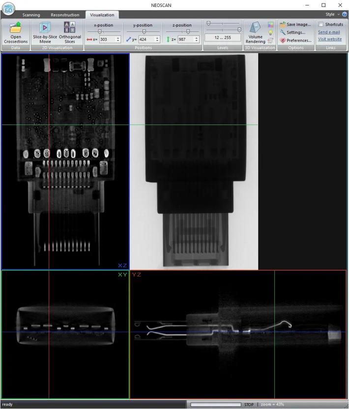 Non-destructive visualisation of all electronics inside a 128GB USB3 to USB-C flash drive using an N60 desktop microCT scanner.